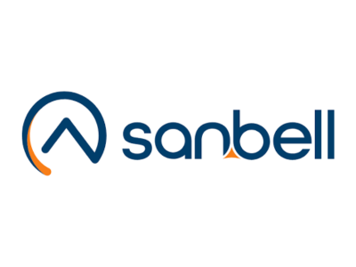 Sanbell logo: a blue circular arc forming a stylized 'A' with orange accents, followed by the blue word 'sanbell'