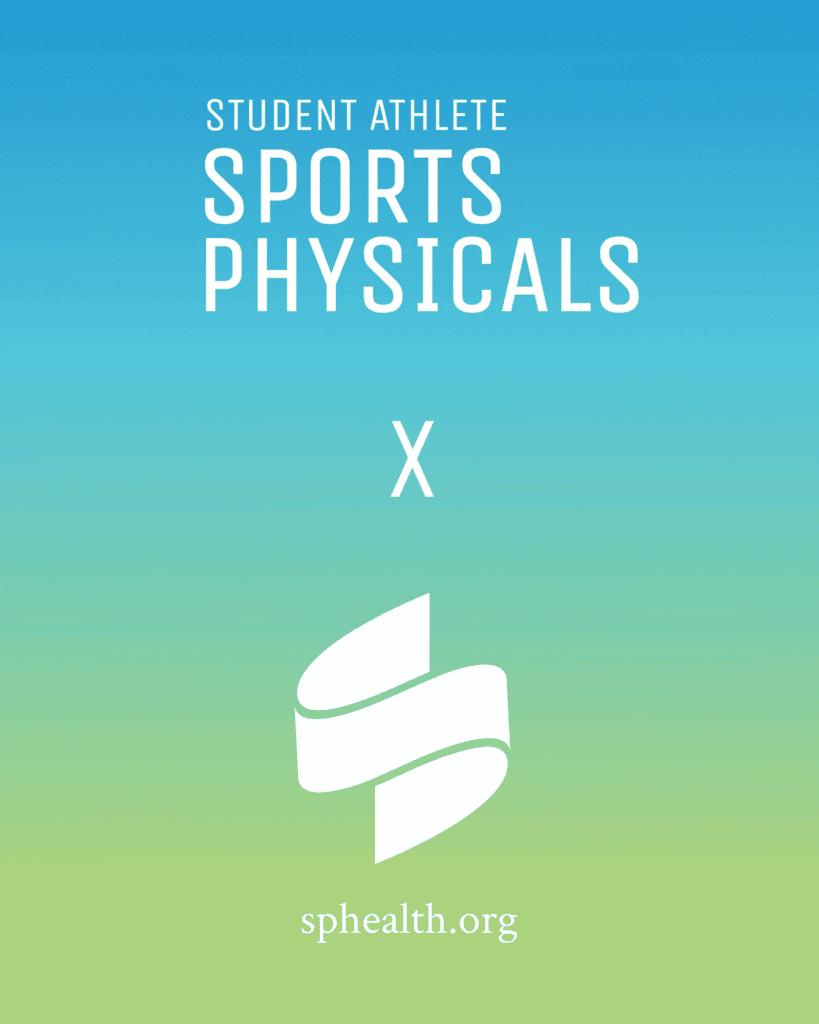 Gradient poster featuring the words 'Student Athlete' and 'Sports Physics' in large white text with a white ribbon logo and 'sphealth.org' at the bottom