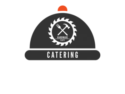 Logo for Hardware Café Catering: a black cloche with a gear and crossed hammer and wrench inside, orange knob on top, and 'CATERING' on a band beneath.